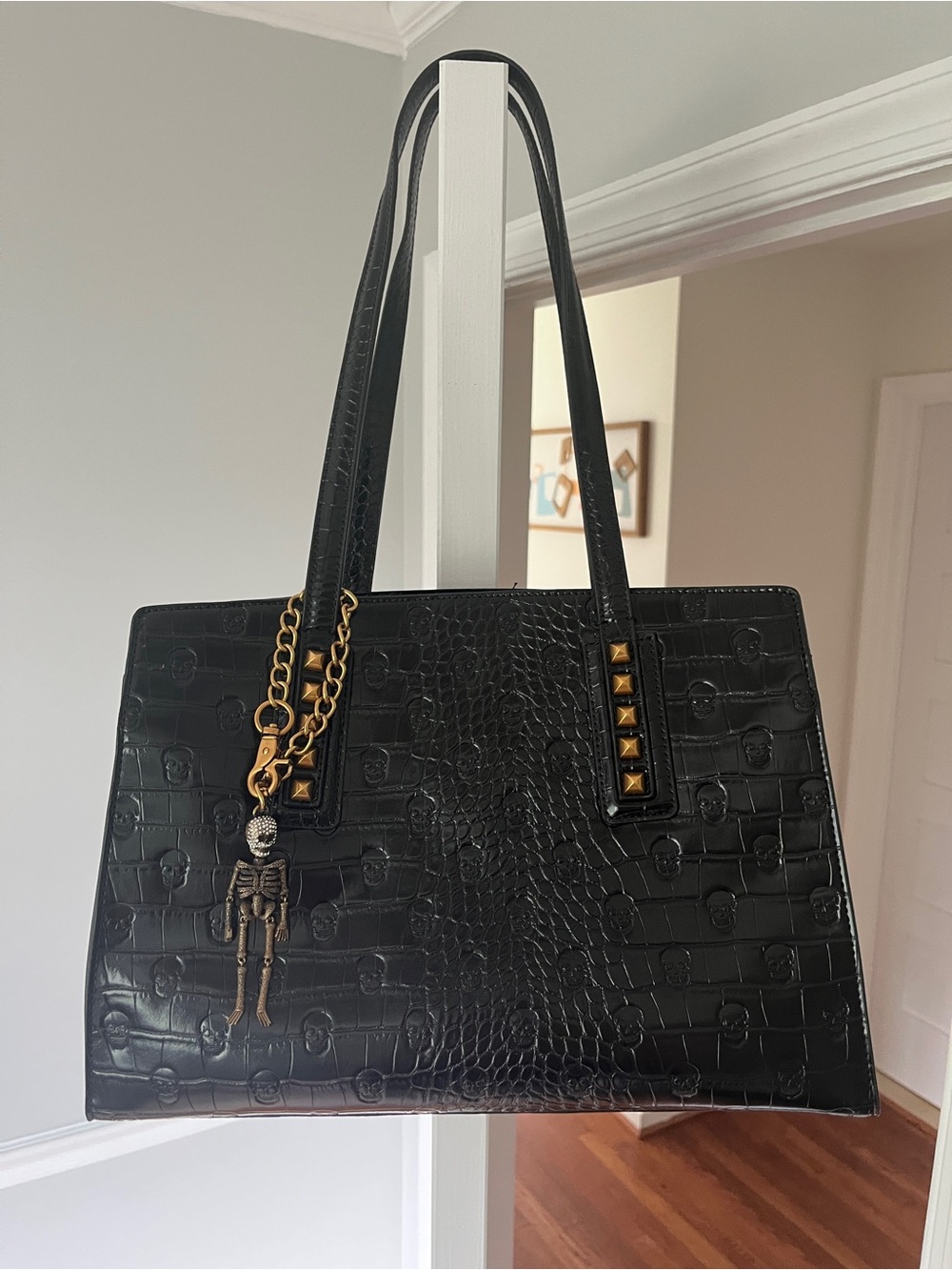 Betsey Johnson Black Skull Leather Triple Compartment Bag with Gold Accents